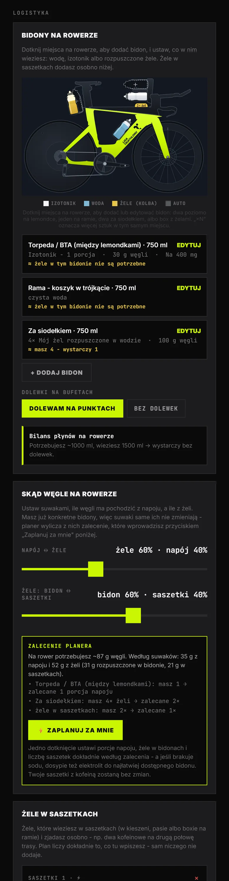 Ekran planera w aplikacji: bidony na rowerze i ich zawartość